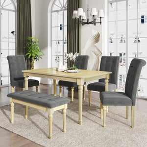 6 Piece Dining Table set with Tufted Bench,Wooden Kitchen Table Set w/ 4 Upholstered Dining Chairs,Gray.